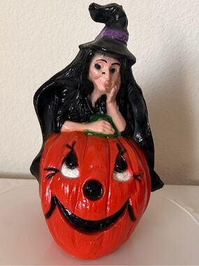 Halloween Witch and Jack-o-Lantern Mexican Bank Ceramic Chalkware NEW